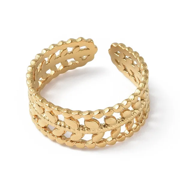 Bague dorée ajustable avec motif découpé en forme de feuilles