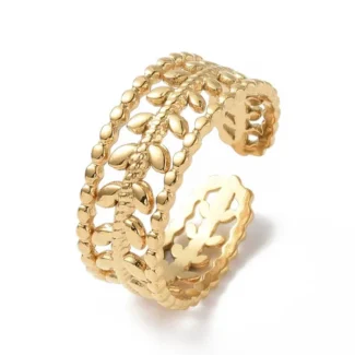 Bague dorée ajustable avec motif découpé en forme de feuilles