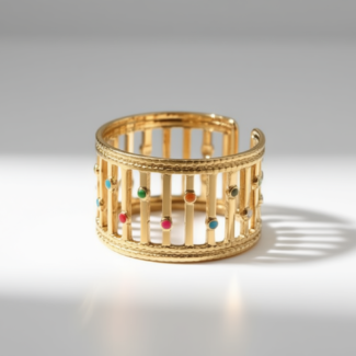 Bague dorée ouverte avec design texturé et émaux colorés