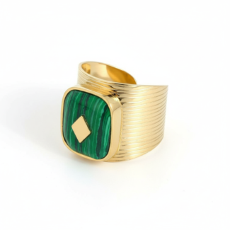 Bague manchette dorée avec malachite naturelle et incrustation diamantée