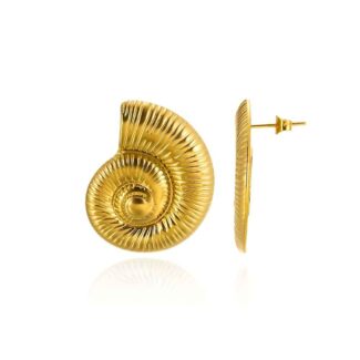 Photo de boucles d'oreilles en spirale dorée, fabriquées en acier inoxydable, présentées dans un écrin en velours blanc.